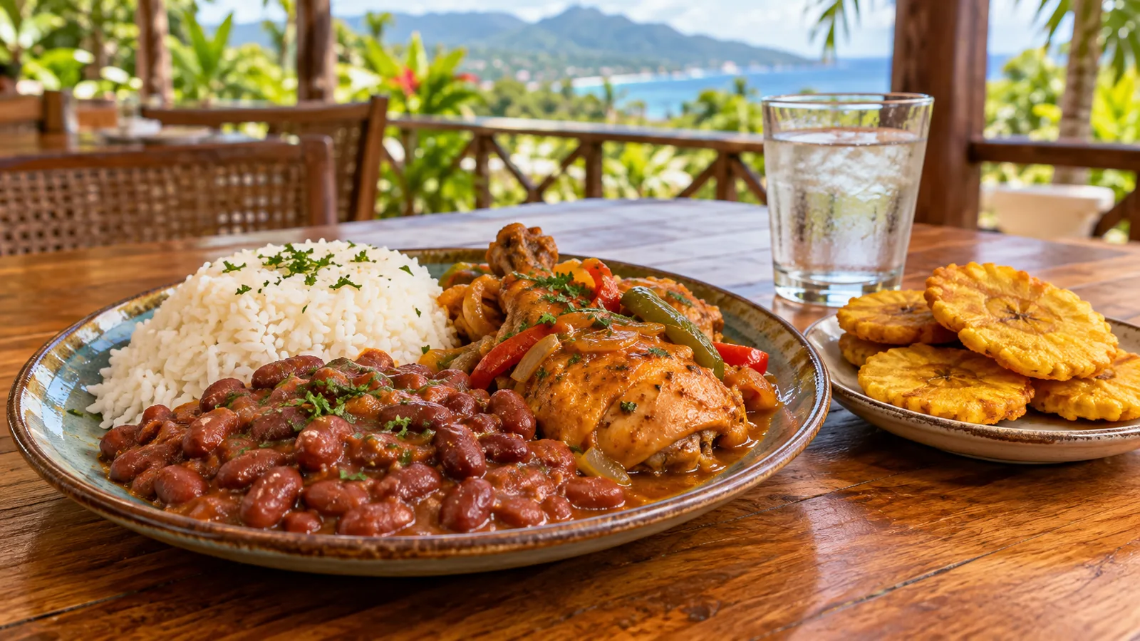 Comida dominicana ilustrativa con arroz, habichuelas, pollo guisado y tostones sobre una mesa de madera
