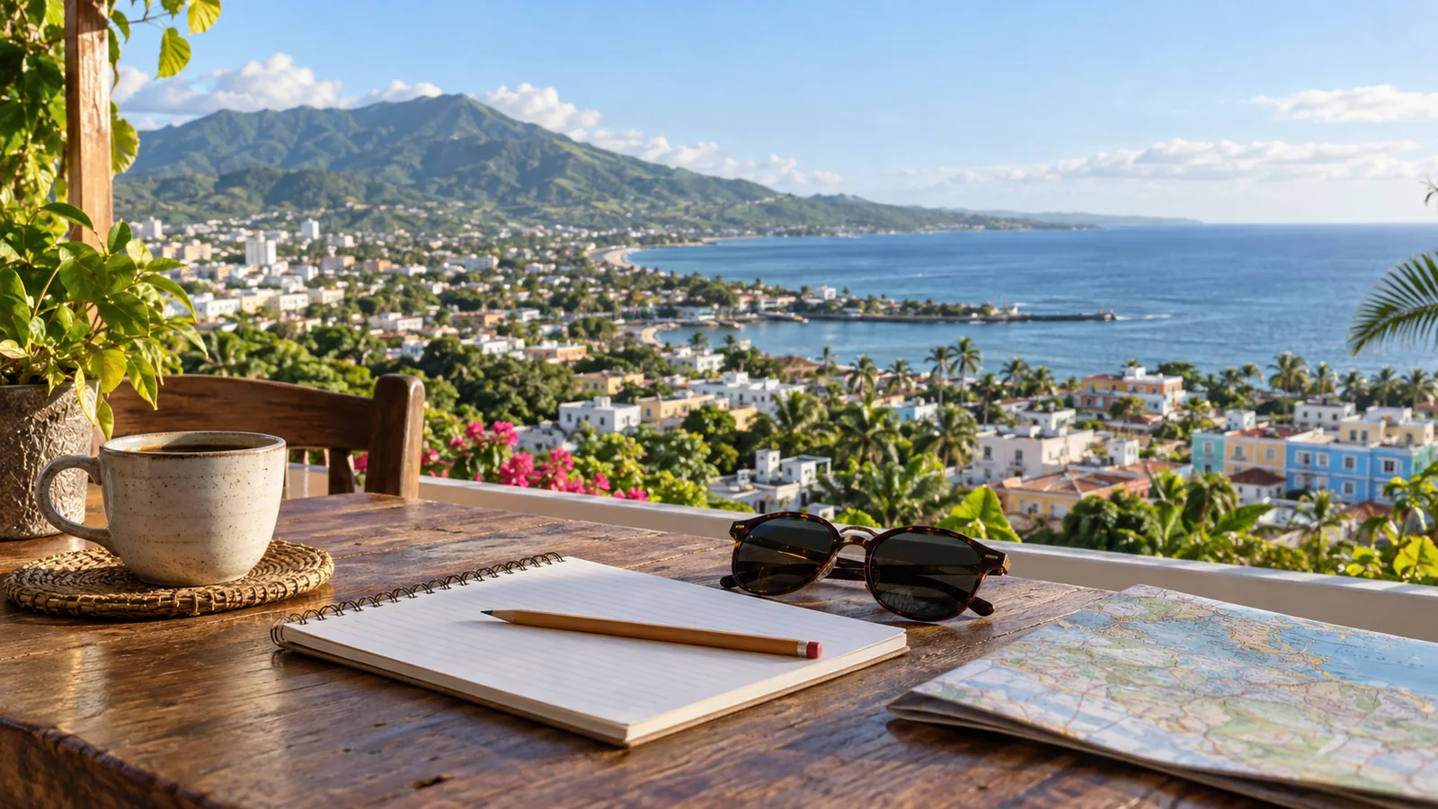 Tom reiseplanlegger og blyant på en terrasse med by, bukt og grønt fjell inspirert av Puerto Plata