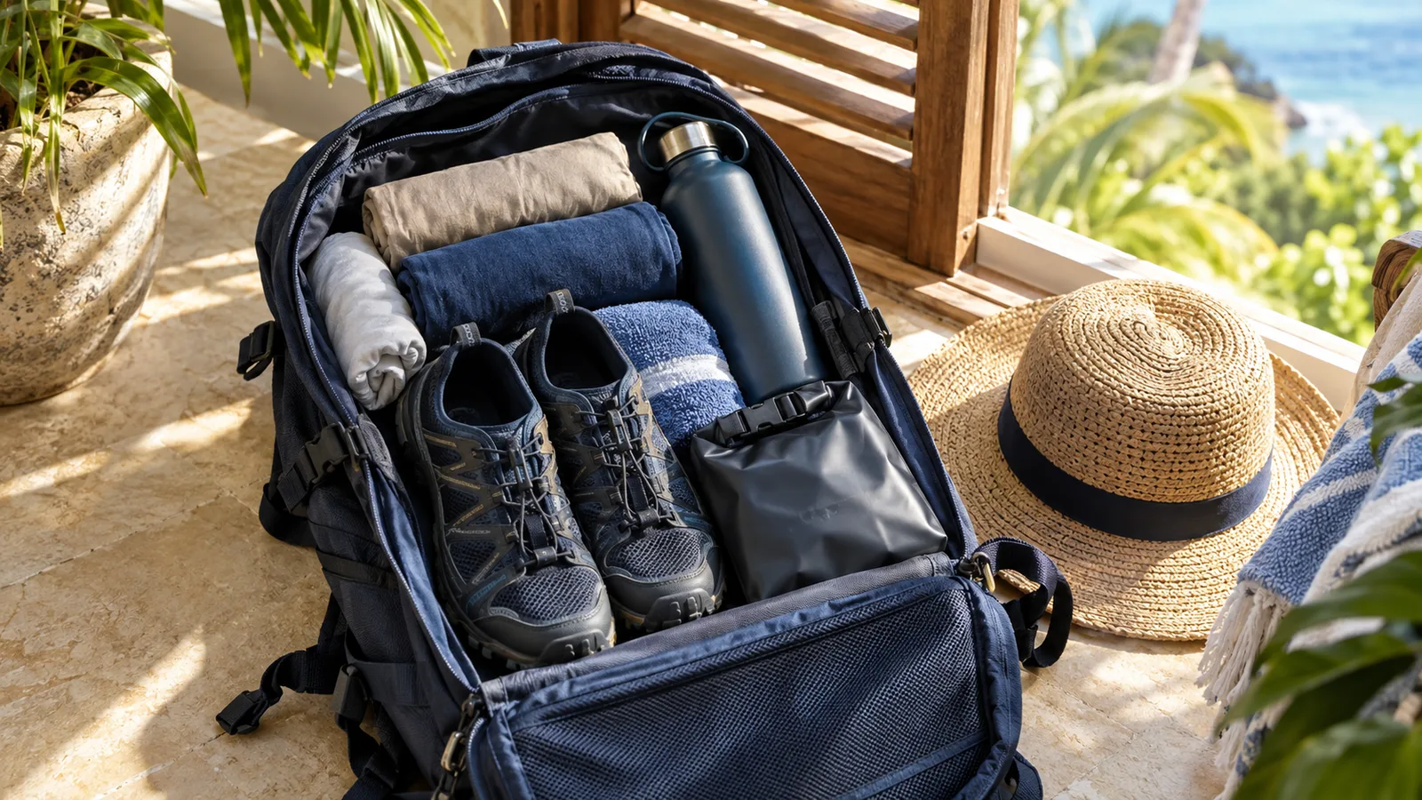 Offener blauer Tagesrucksack mit Schuhen, gerollter Kleidung, Handtuch und Flasche an einem sonnigen tropischen Fenster
